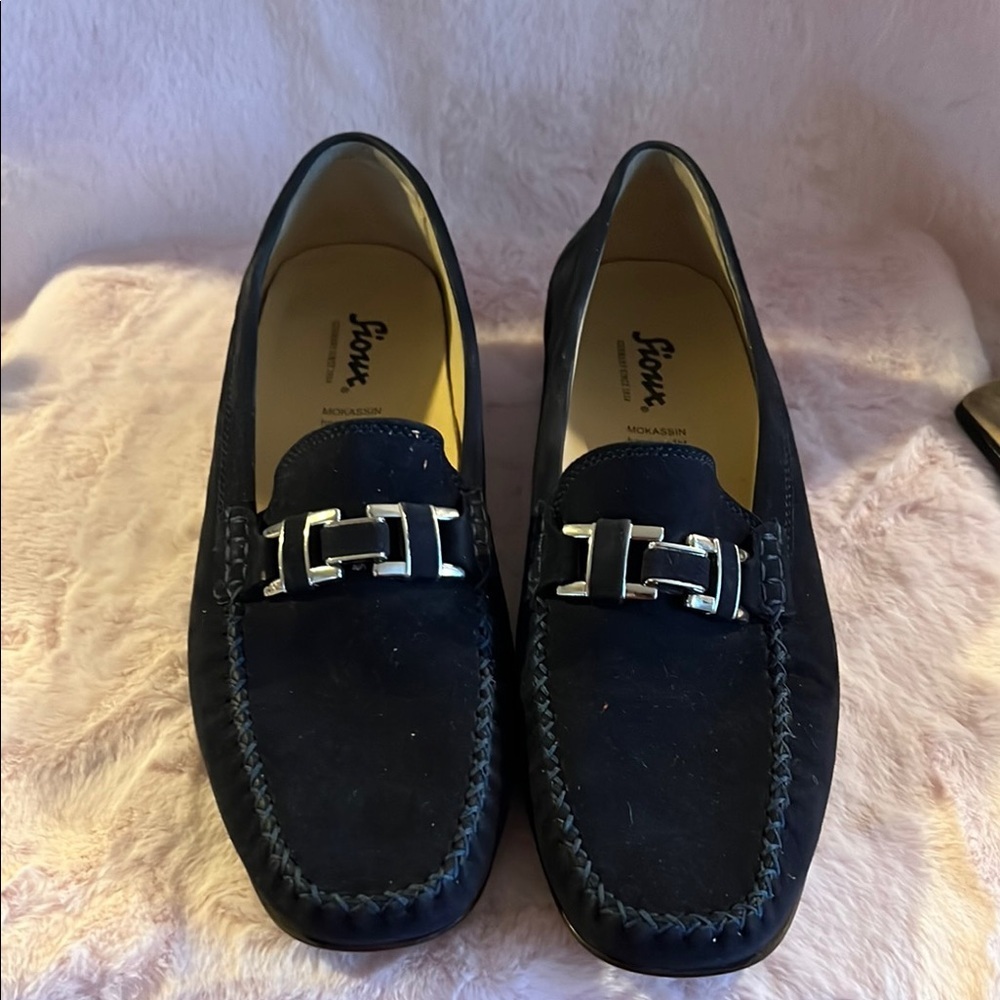Black Loafers with Silver Hardware and Moccasin Stitching